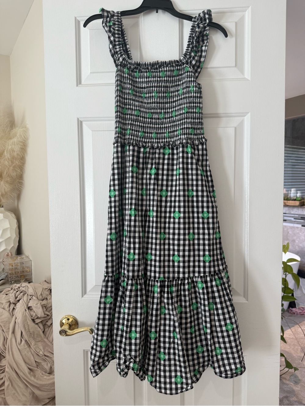 kate spade Black & White Gingham Dress with Green Floral Dots